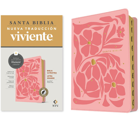 Image of Biblia NTV Ultrafina Letra Grande con Filament Símil Piel Flores Rosa Índice Letra Roja