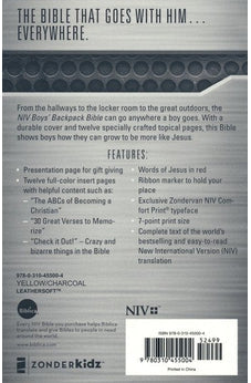 Image of NIV, Boys' Backpack Bible, Compact, Leathersoft, Yellow/Gray, Red Letter, Comfort Print