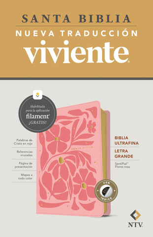 Image of Biblia NTV Ultrafina  Letra Grande con Filament Símil Piel Flores Rosa Índice Letra Roja