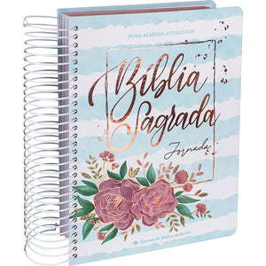 Biblia Em Portugués NA083Jr Tapa Dura Espiral Flores Fondo Azul Claro Canto Pintado Bronce