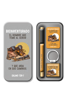 Pack Bolígrafo Llavero y Tarjeta en Caja Metálica Bienaventurado el Hombre