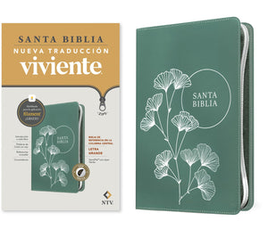 Biblia NTV Referencia Central Letra Grande con Filament Símil Piel Cierre Design 4 TBD Verde Índice Letra Roja