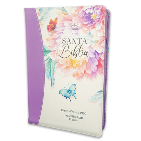 Image of Biblia RVR 1960 Súper Gigante Jardin Lila Canto Pintado Cierre Índice Símil Piel