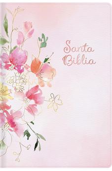 Biblia RVR 1960 Letra Grande Tamaño Manual Rosa Flores Símil Piel