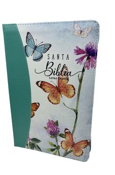 Biblia RVR 1960 Letra Grande Tamaño Manual Floral Mariposas Símil Piel con Índice y Cierre