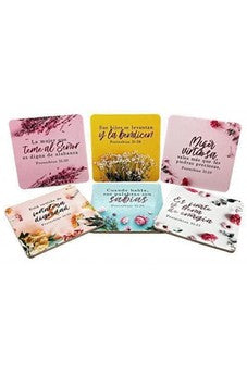 Pack de 6 posavasos con versículos bíblicos. Primavera Pack de 6 posavasos en caja a todo color. Cada posavasos lleva un versículo y un diseño diferente. Tamaño de cada posavasos: 100x100 mm.