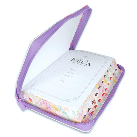 Image of Biblia RVR 1960 Súper Gigante Jardin Lila Canto Pintado Cierre Índice Símil Piel
